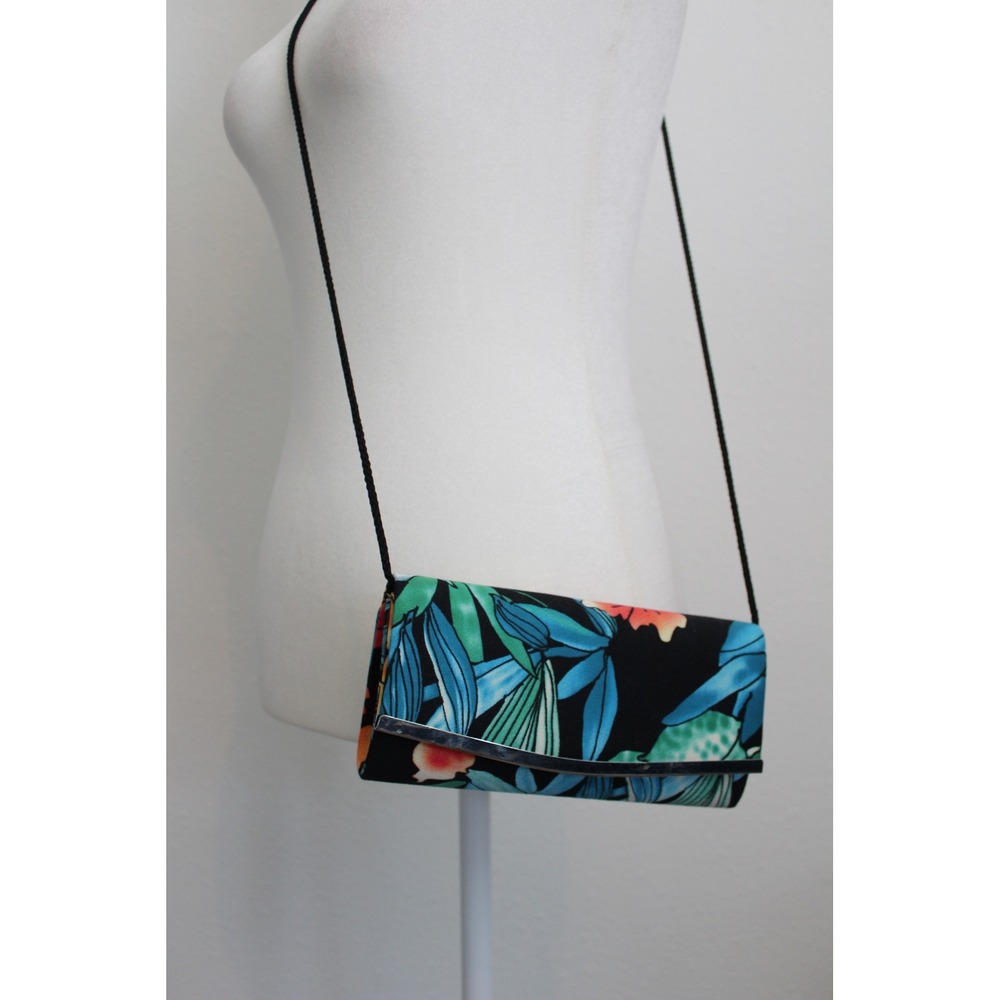 VTG La Regale Tropical Floral‎ Crossbody Clutch Bag Black Blue Green Silver